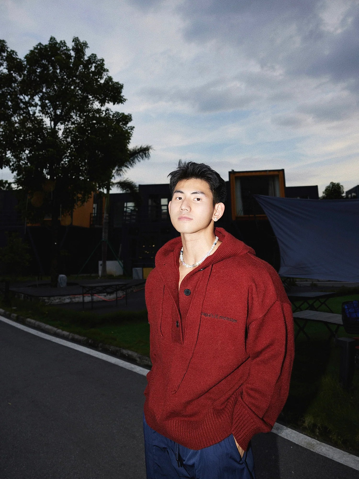 Blue Knit Hooded Henley Sweater