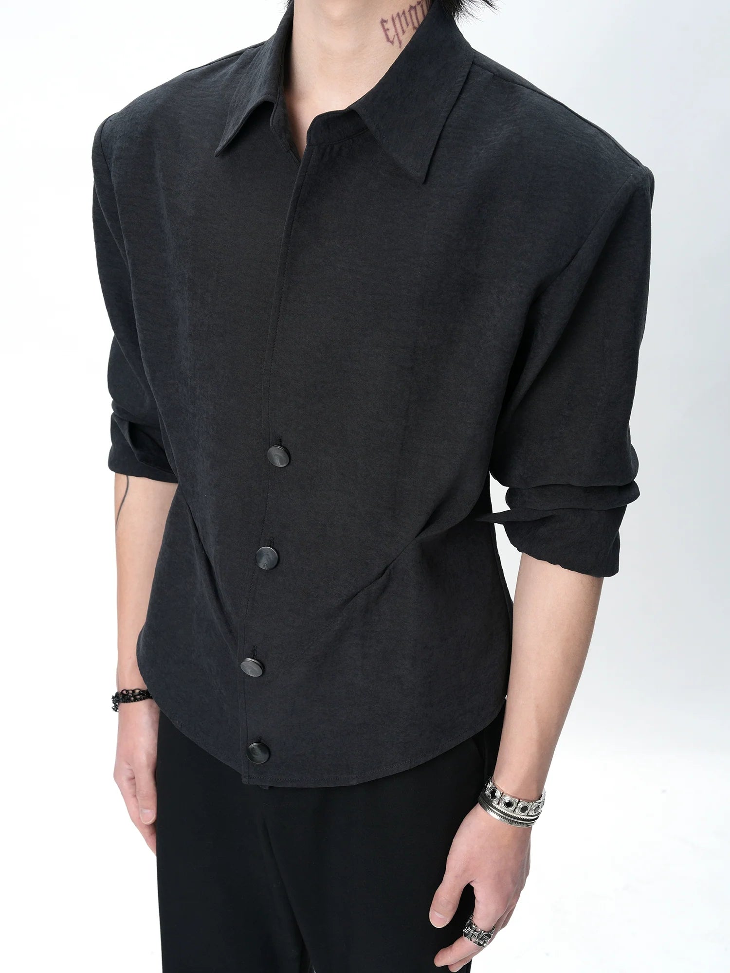 Black Sculpted Waist Button-Up Shirt