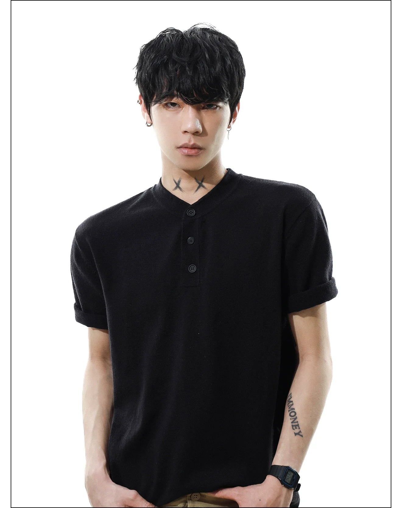 헤더 버튼 헨리 니트 티