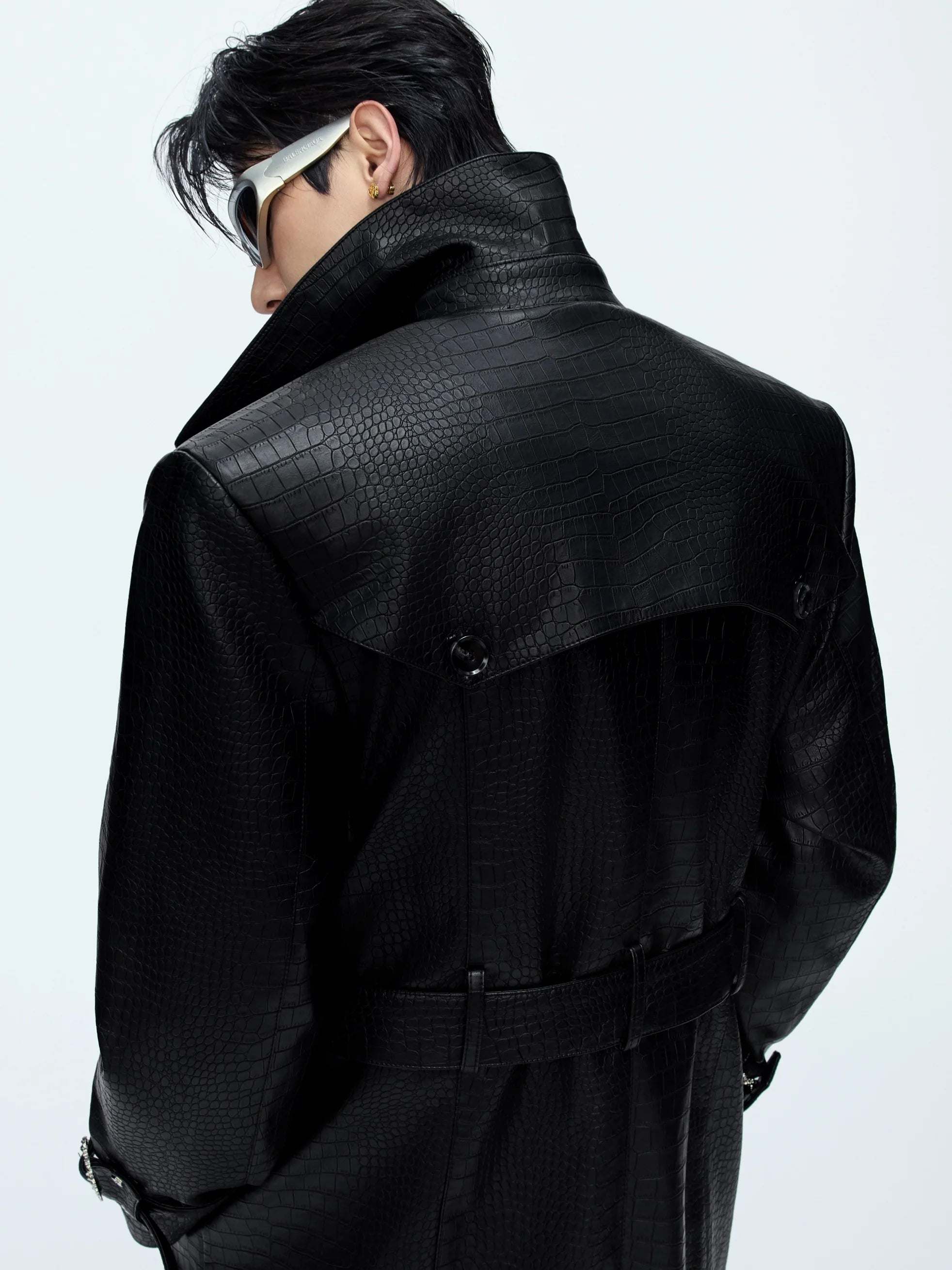 Crocodile Pattern Black Trench Coat