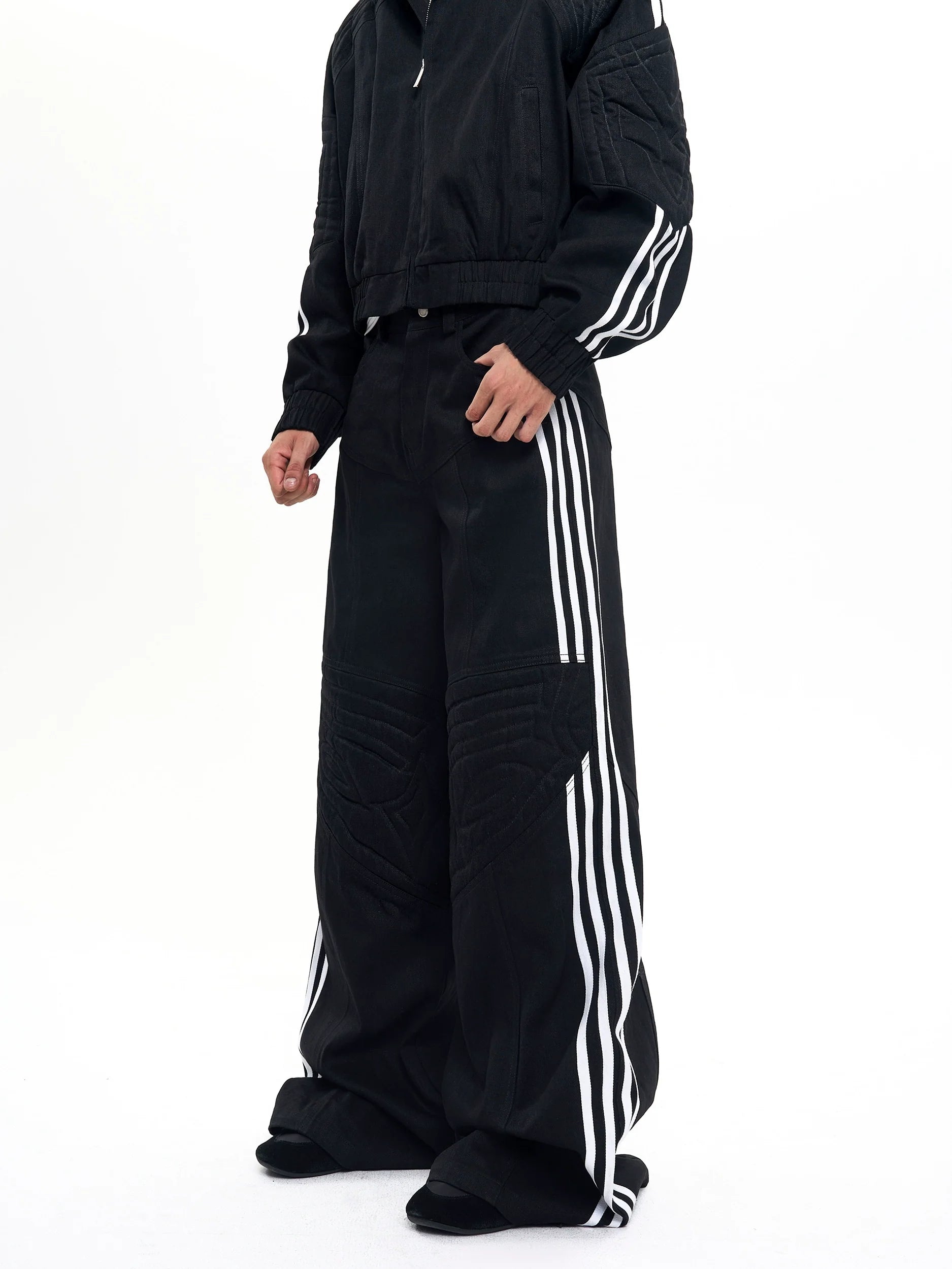 Black Zip Jacket and Wide-Leg Striped Pants Setup