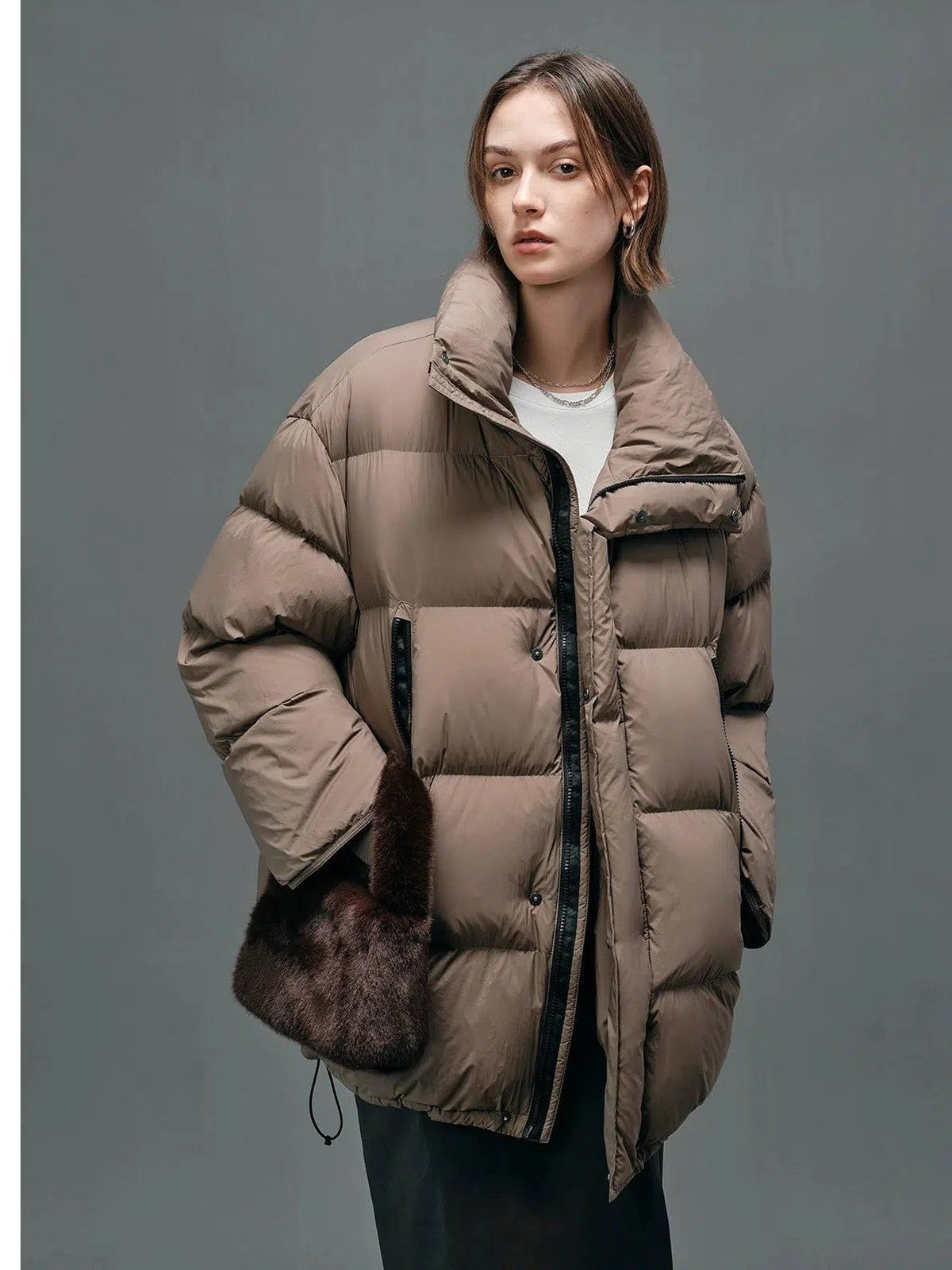 Oversized Down Jacket in Solid Color - chiclara
