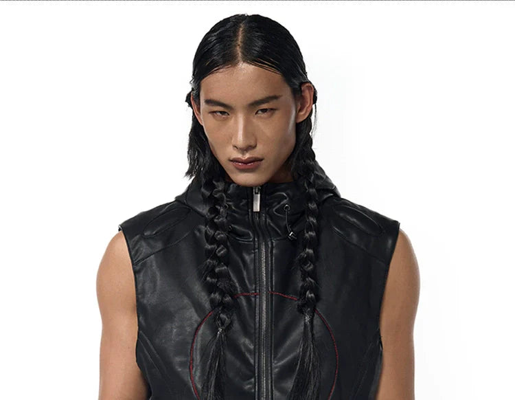 Black Sleeveless Hooded Leather Vest