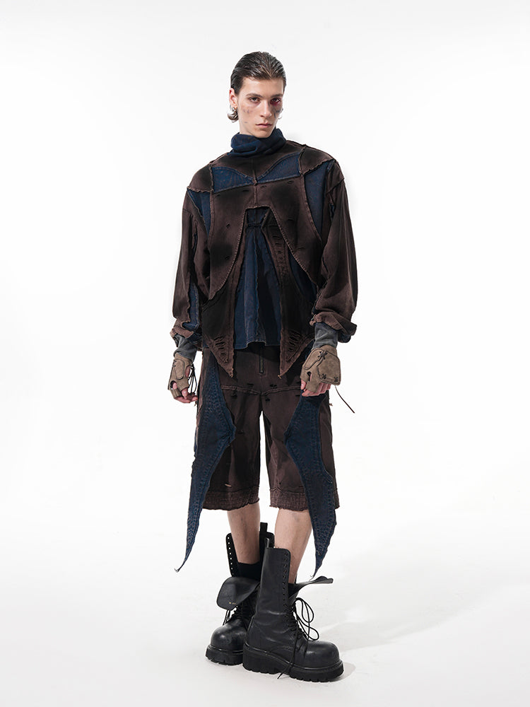 Deconstructed Patchwork Denim Sweatshirt Tank Top and Pants Setup