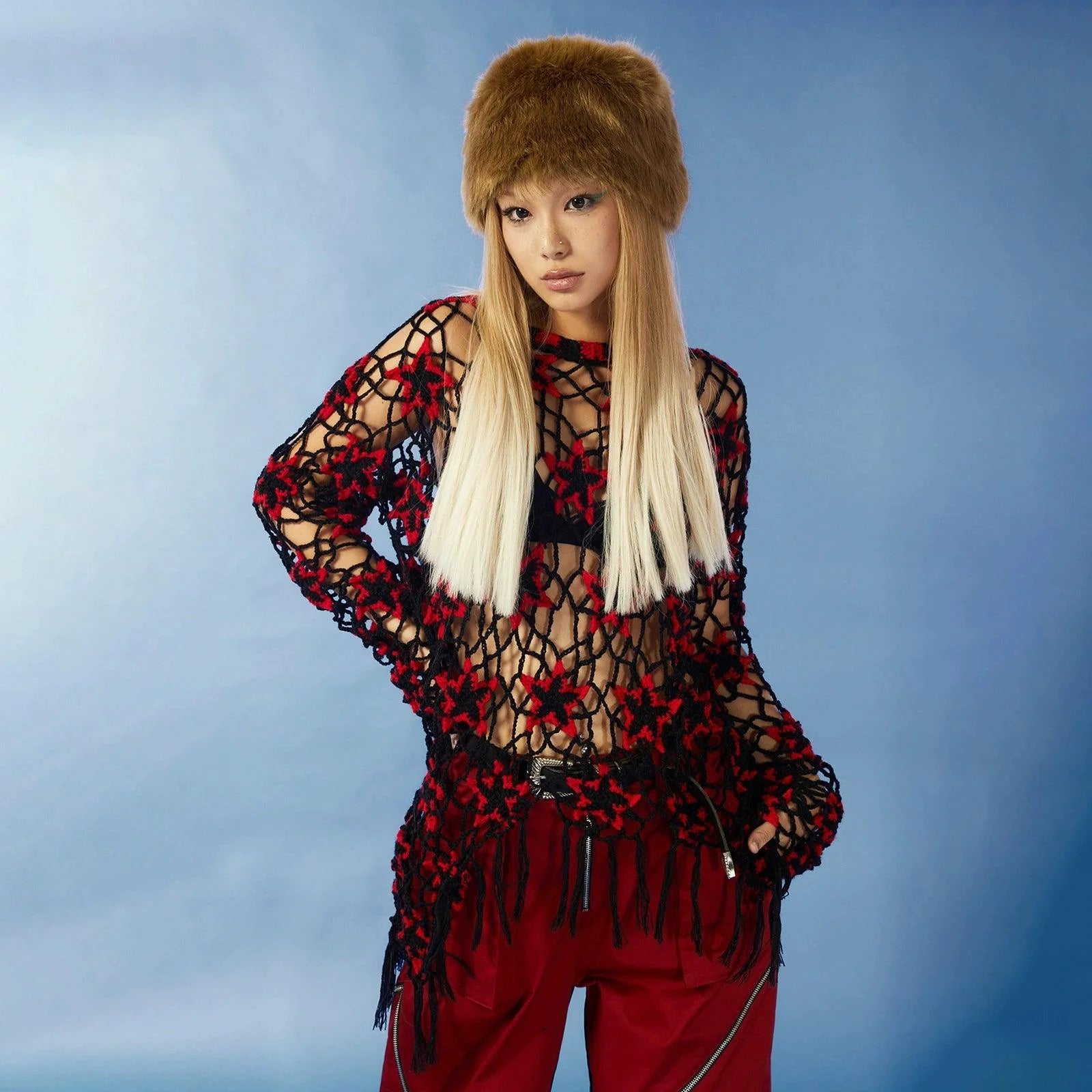 Red and Black Floral Crochet Sweater - chiclara