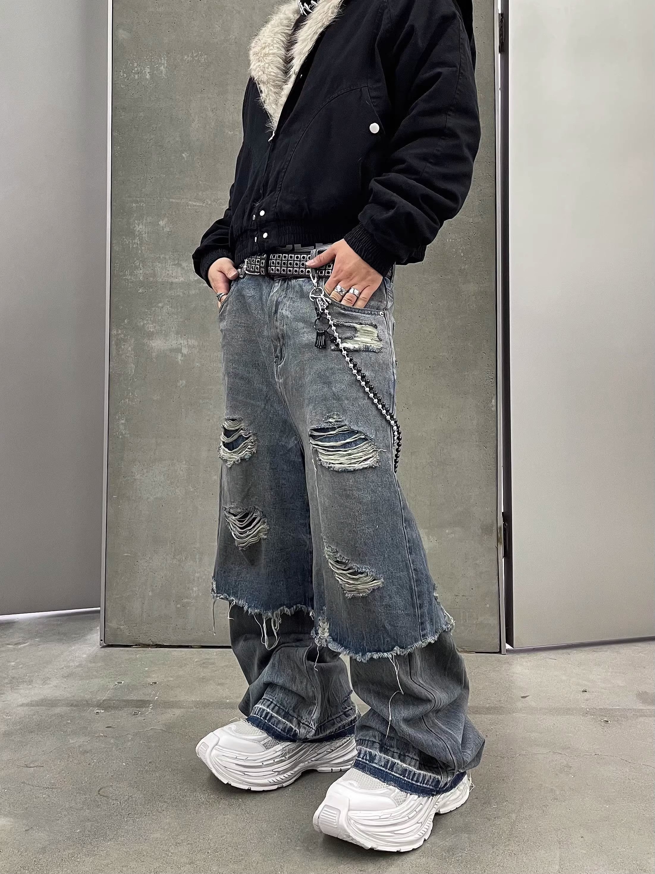패치워크 디스트레스드 레이어드 와이드 레그 진