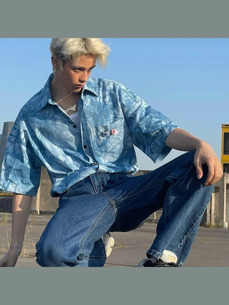 Blue Tie-Dye Short Sleeve Button-Up Shirt