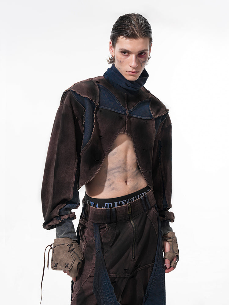 Deconstructed Patchwork Denim Sweatshirt Tank Top and Pants Setup