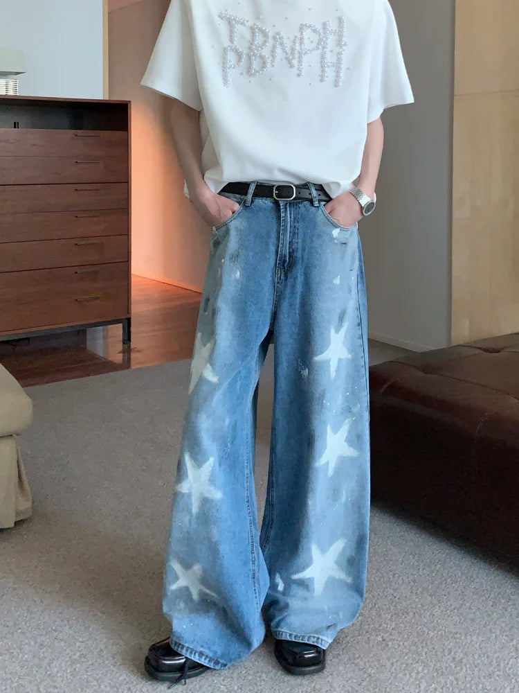 Wide-Leg Denim Jeans with White Star Print
