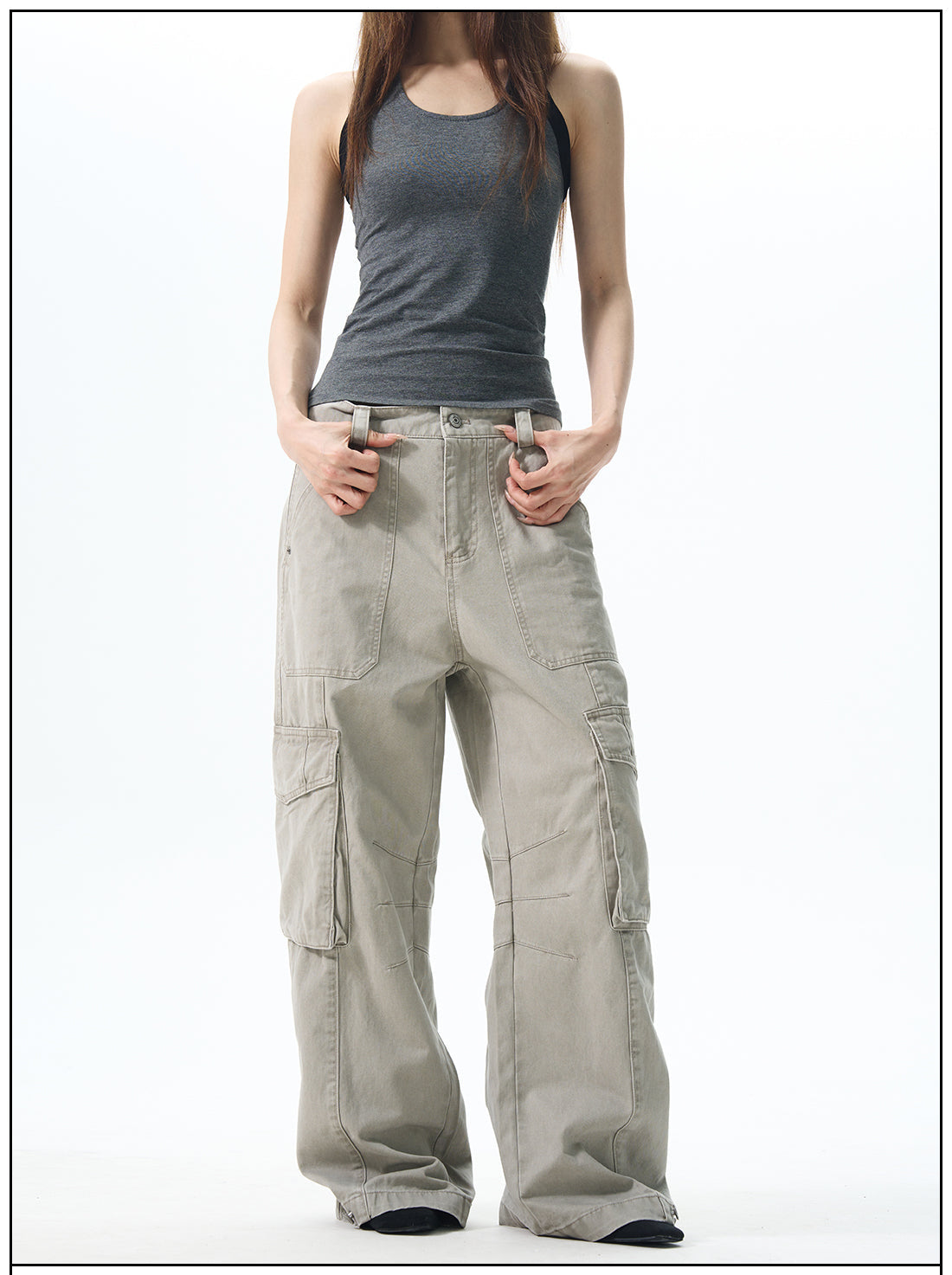 Wide Leg Cargo Pants in Beige & Black