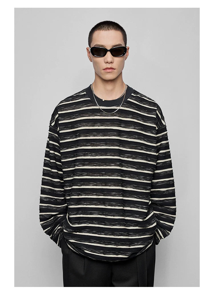 Round Neck Oversized Striped Long Sleeve Top