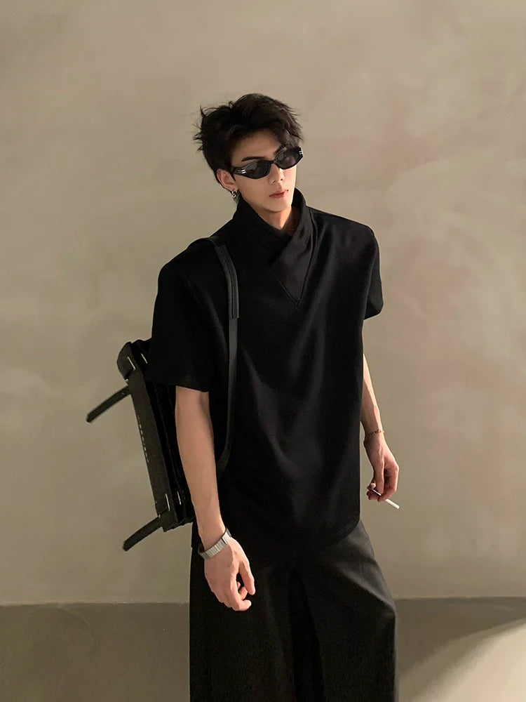 Minimalist Short Sleeve Shirt with Overlapping High Collar