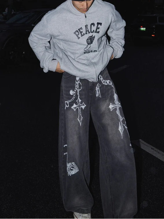 Crucifix Chain Graffiti Wide-Leg Jeans