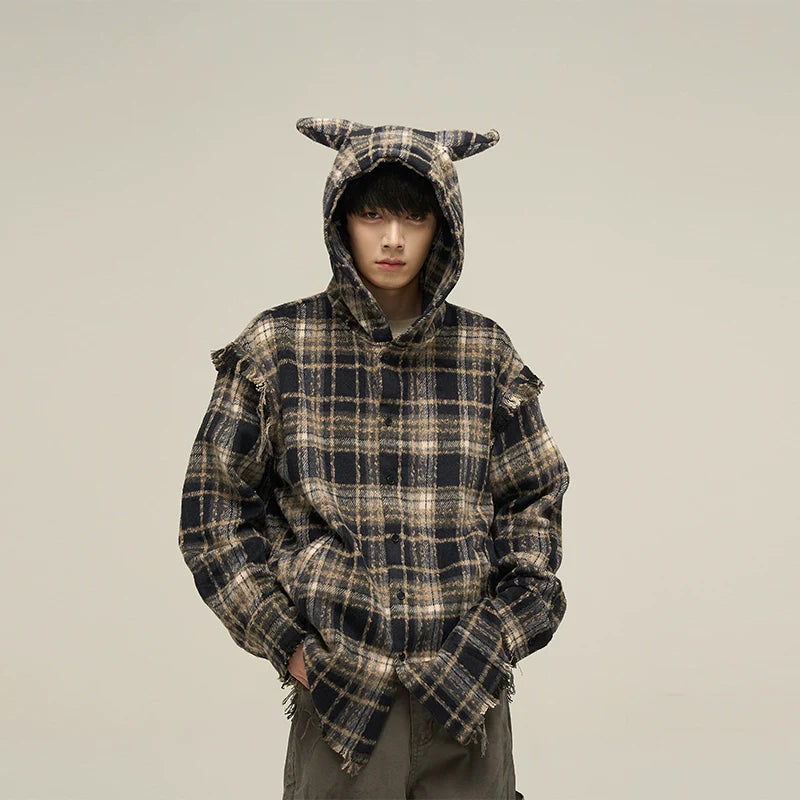 Plaid Flannel Hoodie with Cat Ears