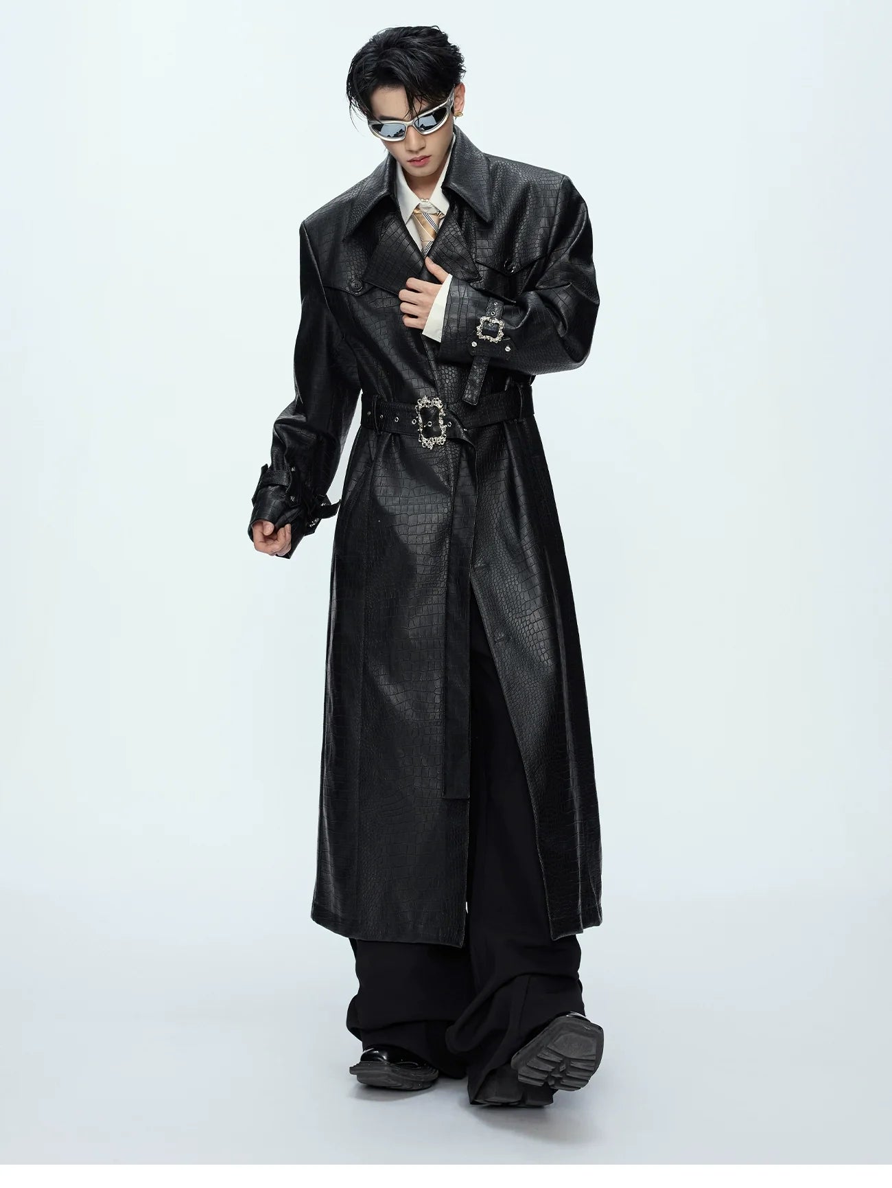 Crocodile Pattern Black Trench Coat