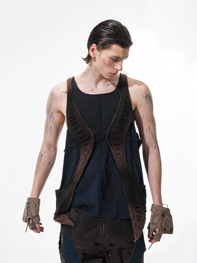 Deconstructed Patchwork Denim Sweatshirt Tank Top and Pants Setup