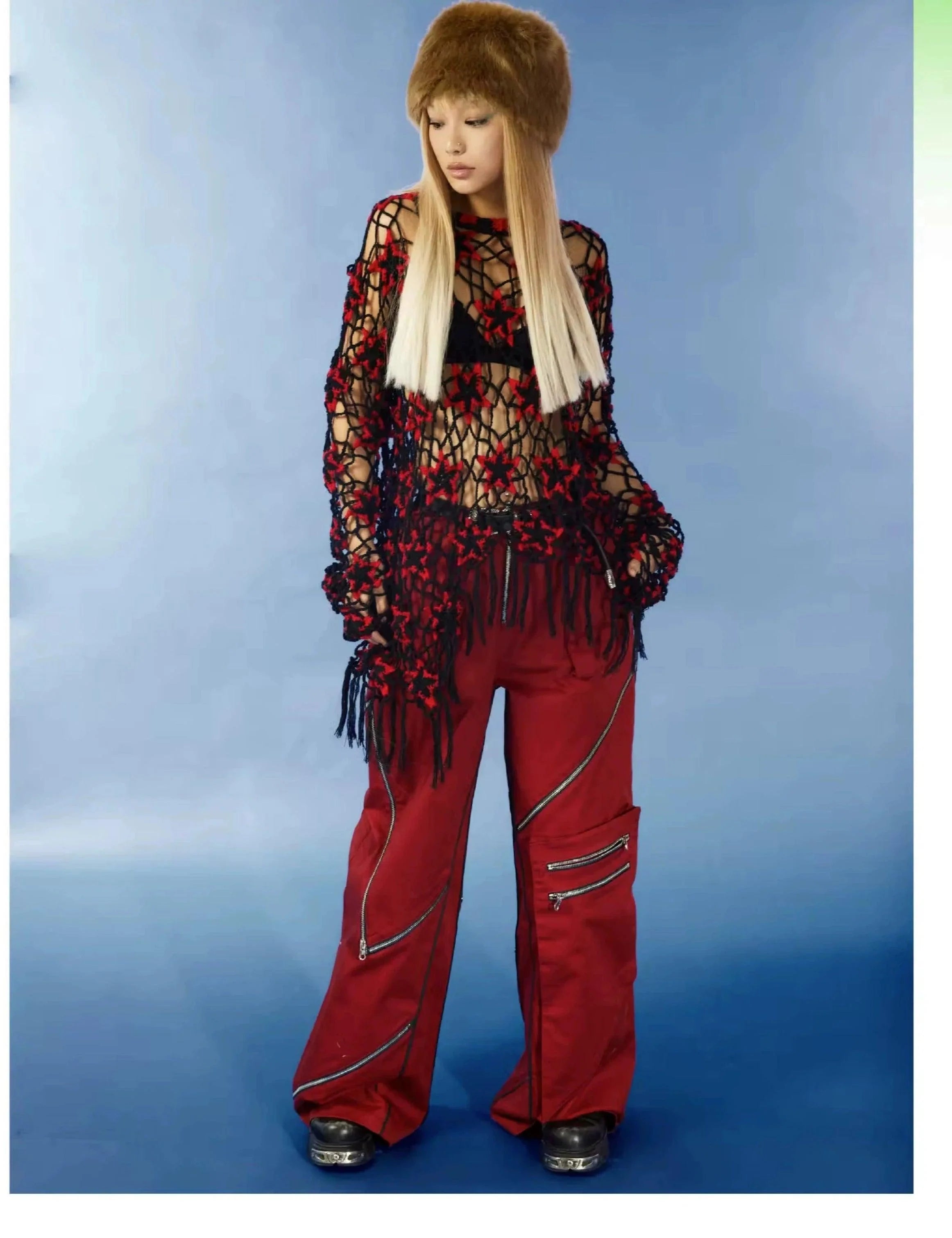 Red and Black Floral Crochet Sweater - chiclara