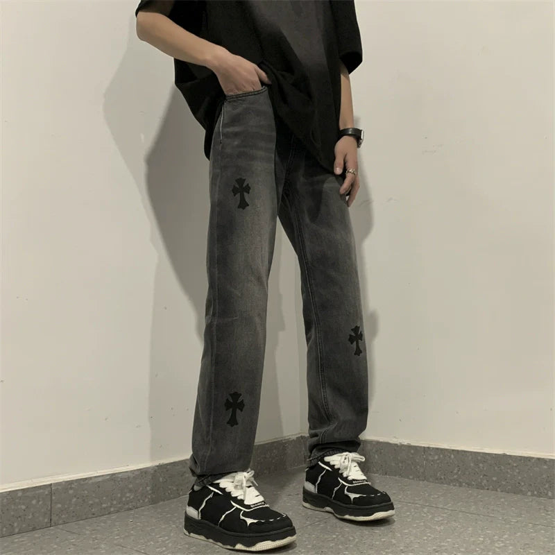 Vintage Wide Leg Denim Jeans with Cross Patches