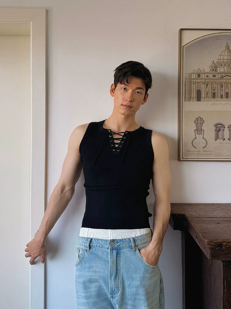 Ribbed Lace-Up Tank Top