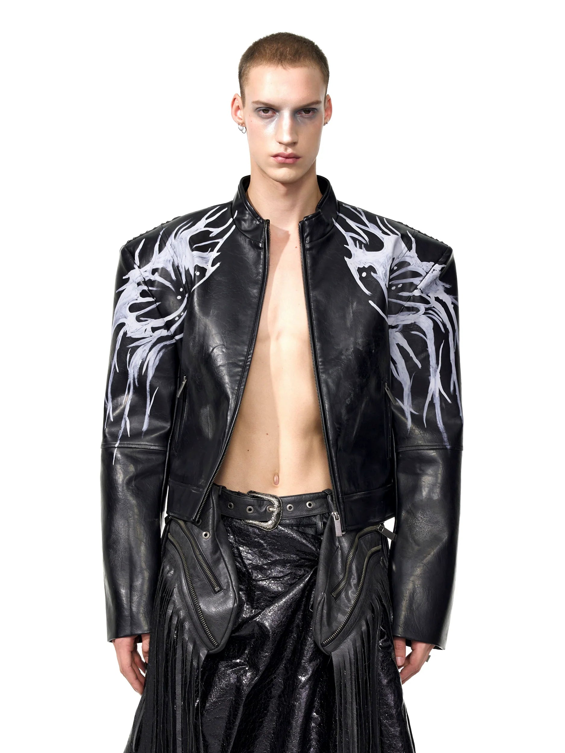 Black Leather Jacket with Silver Flame Graphic Detailing