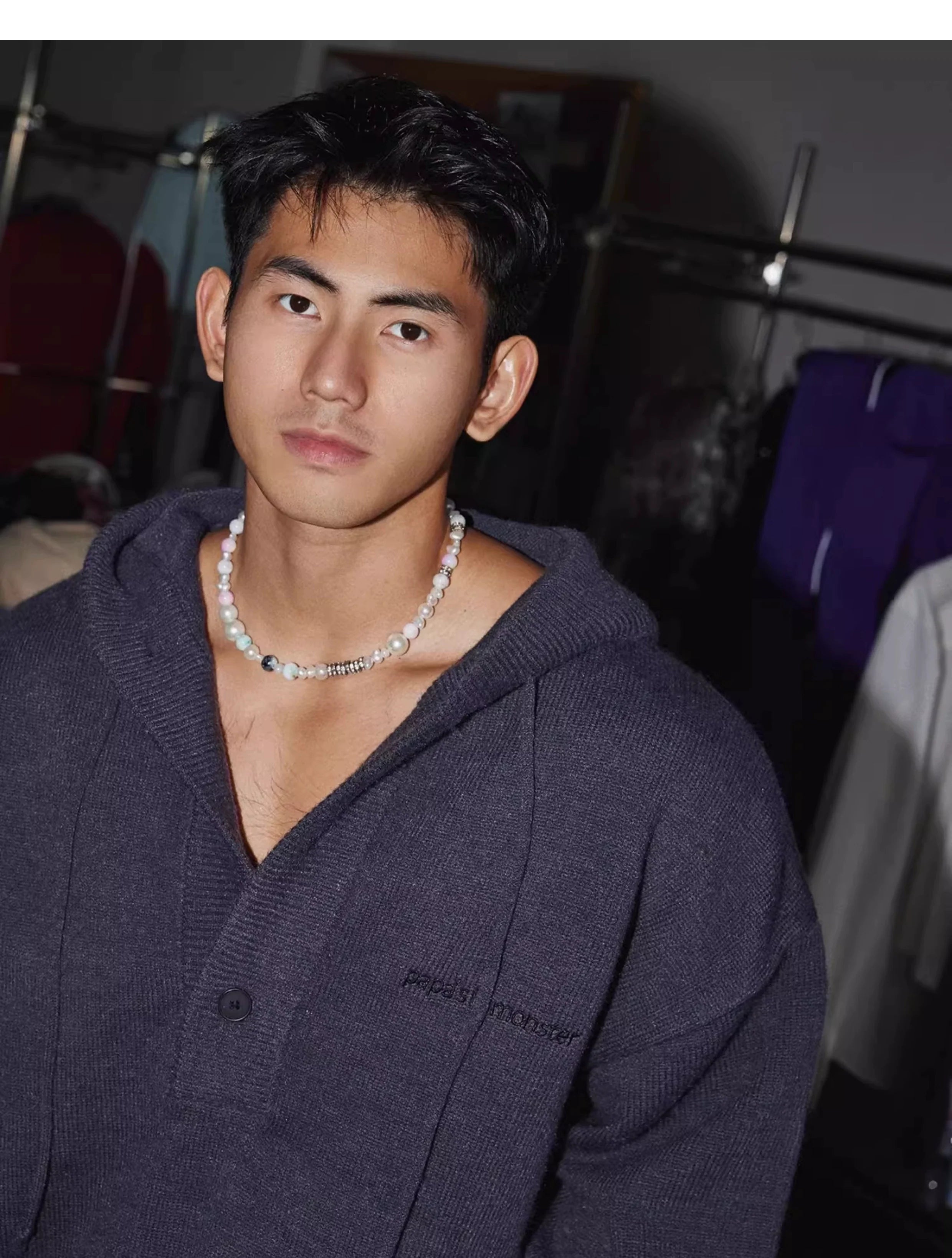 Blue Knit Hooded Henley Sweater