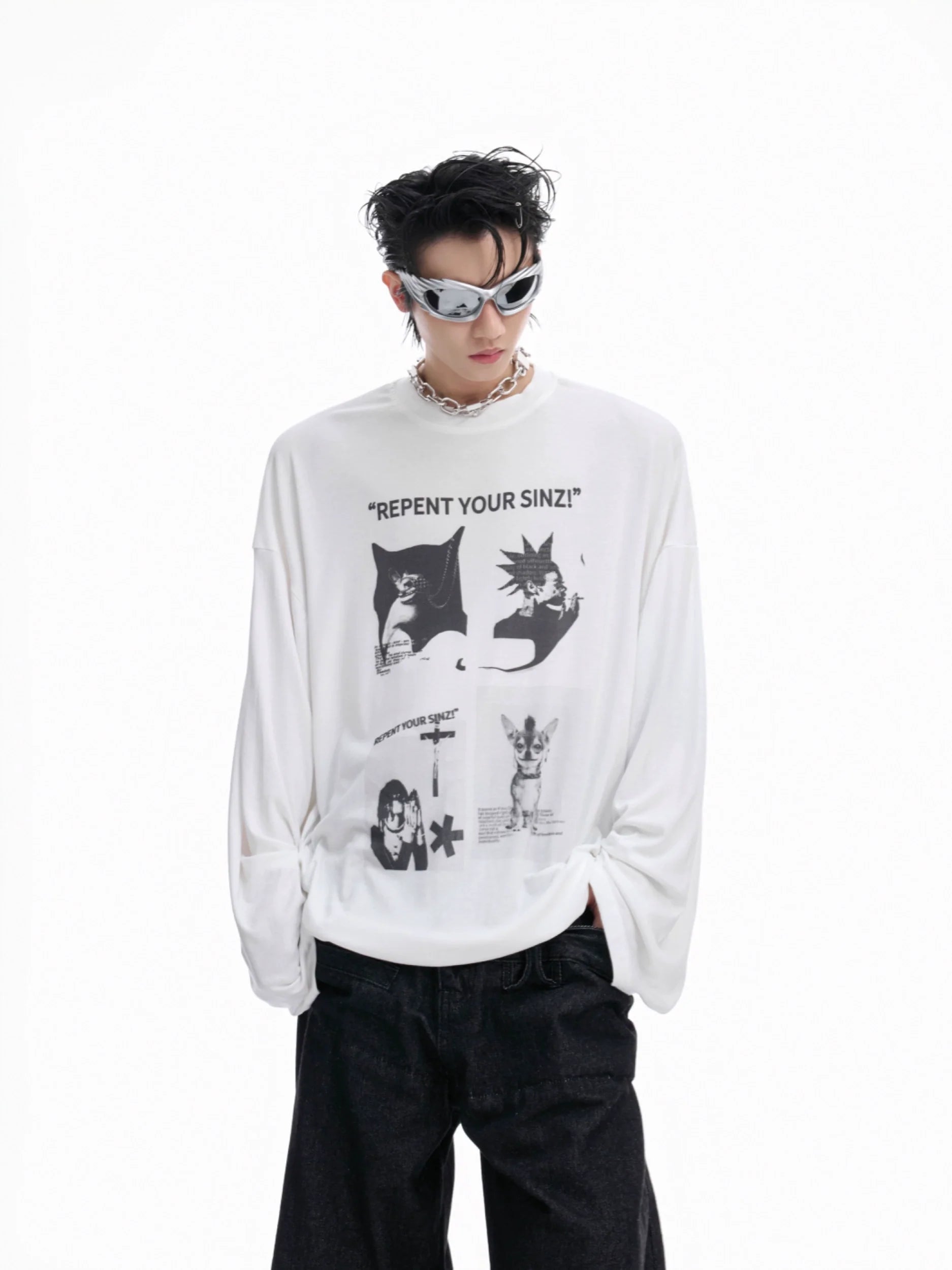 オーバーサイズグラフィックプリント長袖Tシャツ