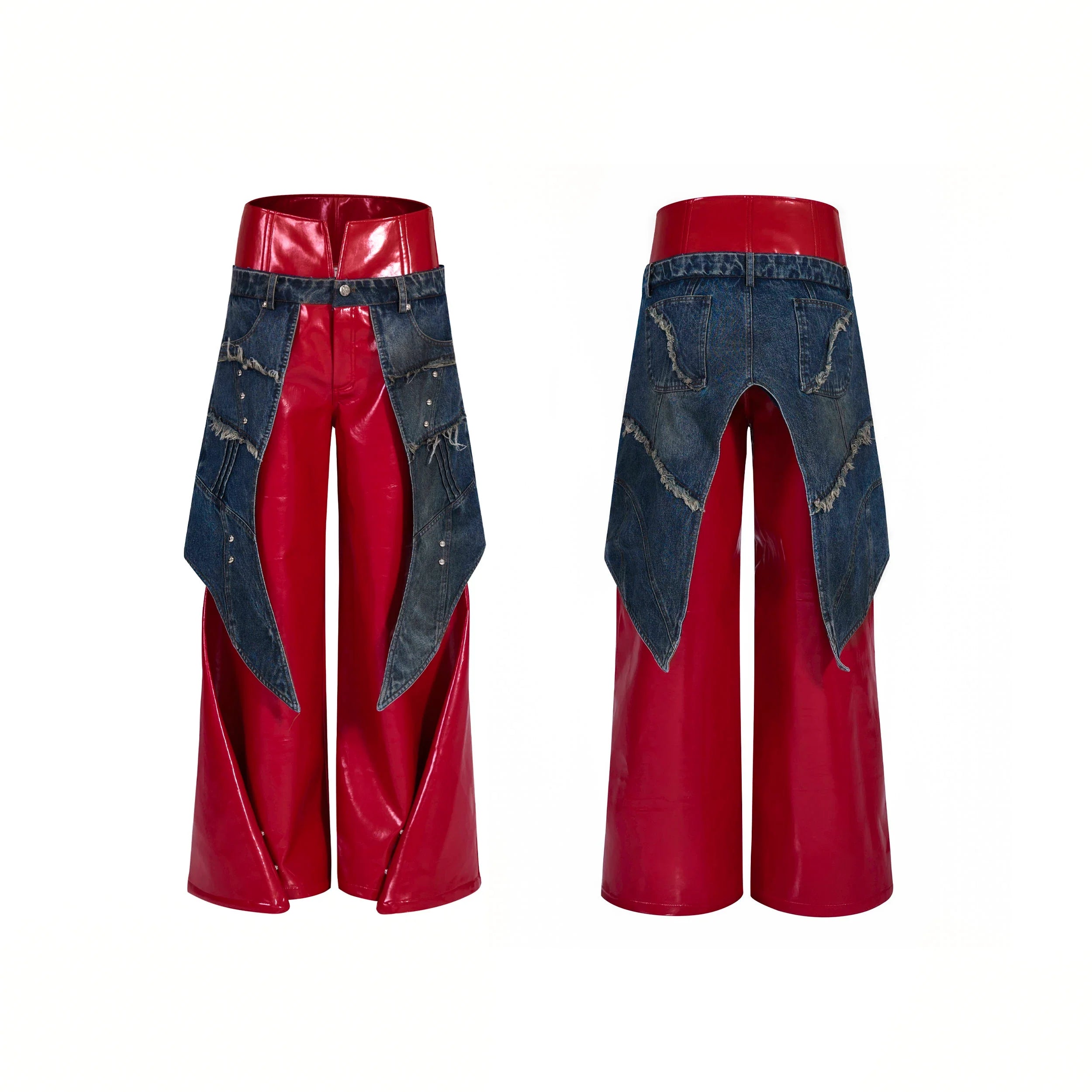 Red Patent Vinyl and Denim Patchwork Jacket and Pants Setup