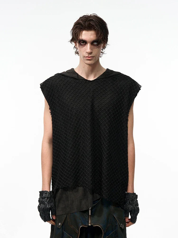 Black Mesh Sleeveless Hoodie with Textured Pattern