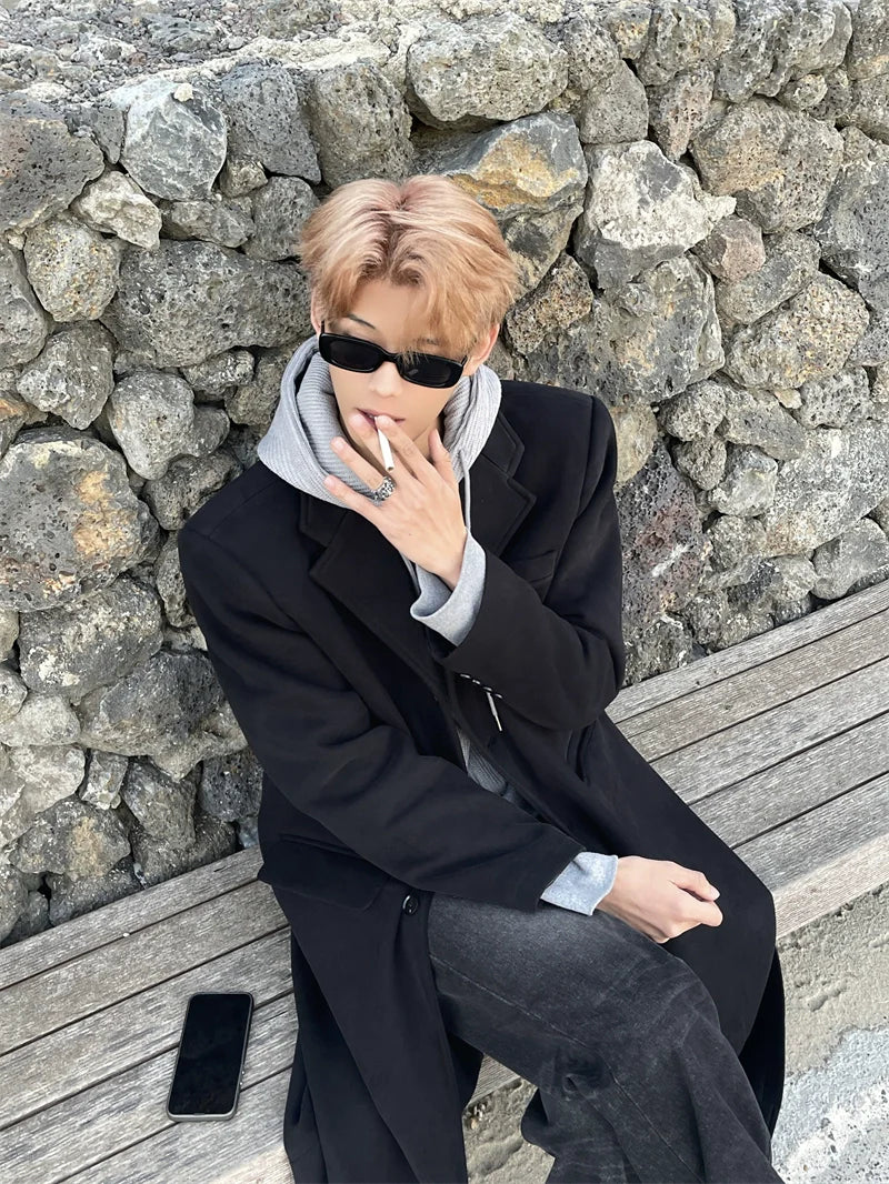 Long Black Wool Coat with Hoodie Layering