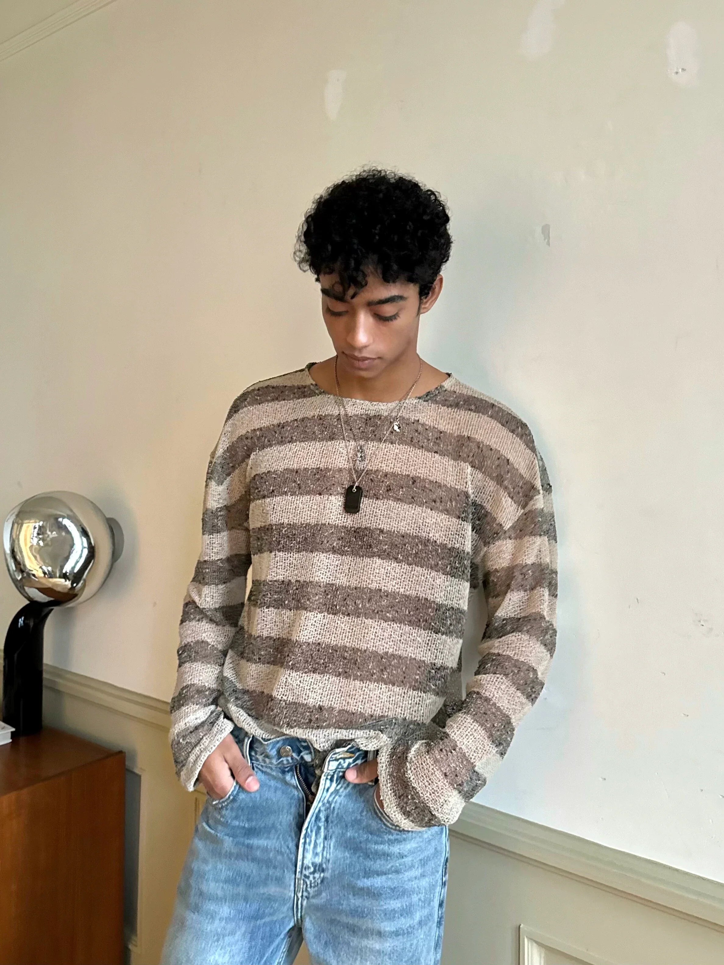 Coffee Striped Fuzzy Knit Sweater