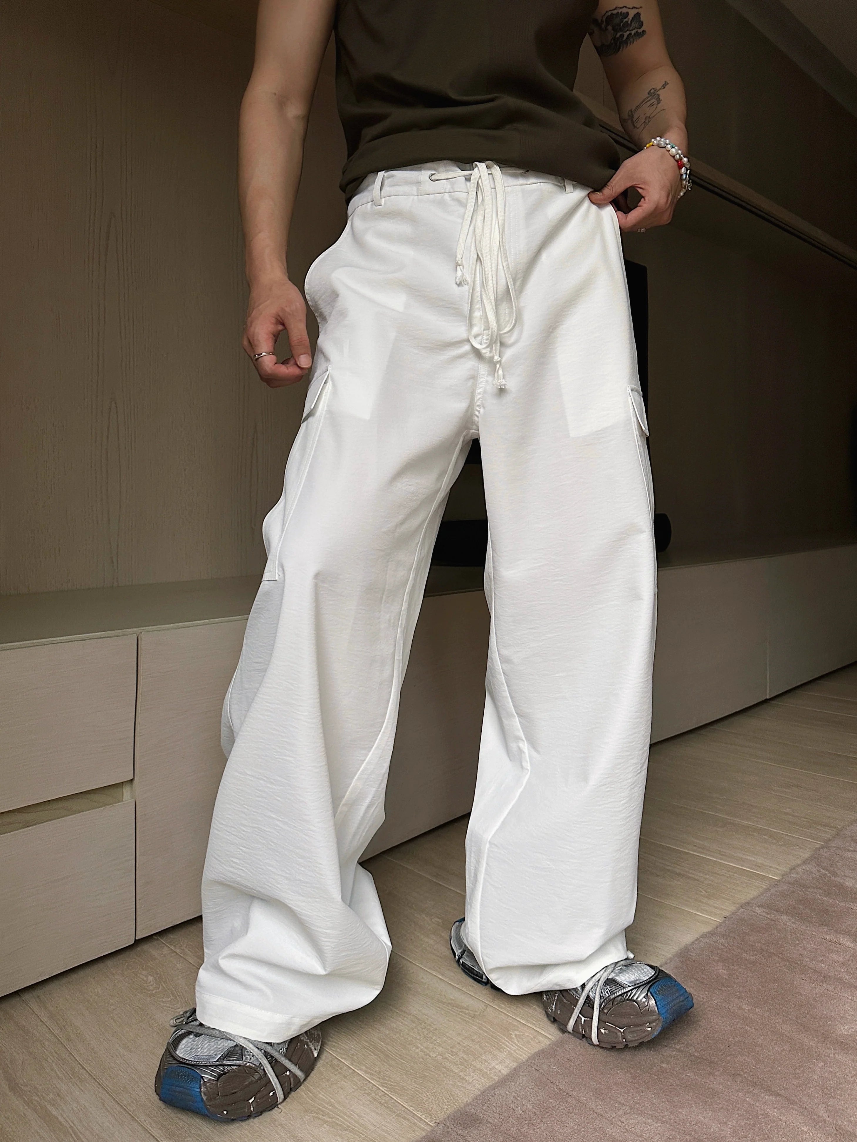 White Wide Leg Cargo Drawstring Pants