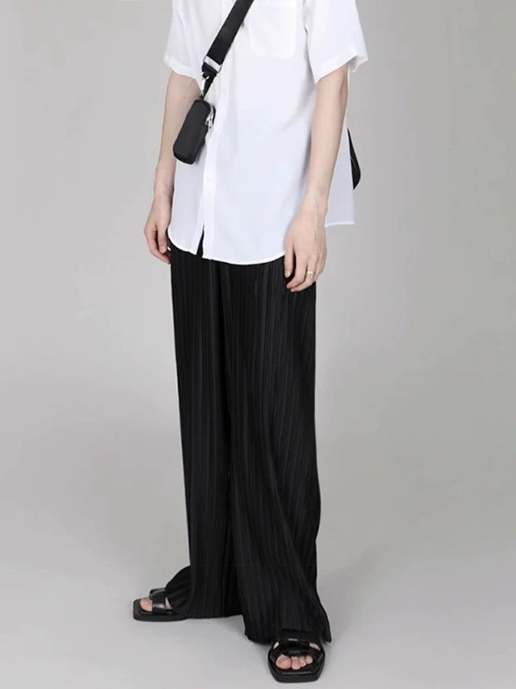 Ice Silk Casual Pleated Wide-Leg Pants With Draped Floor-Length Design - chiclara
