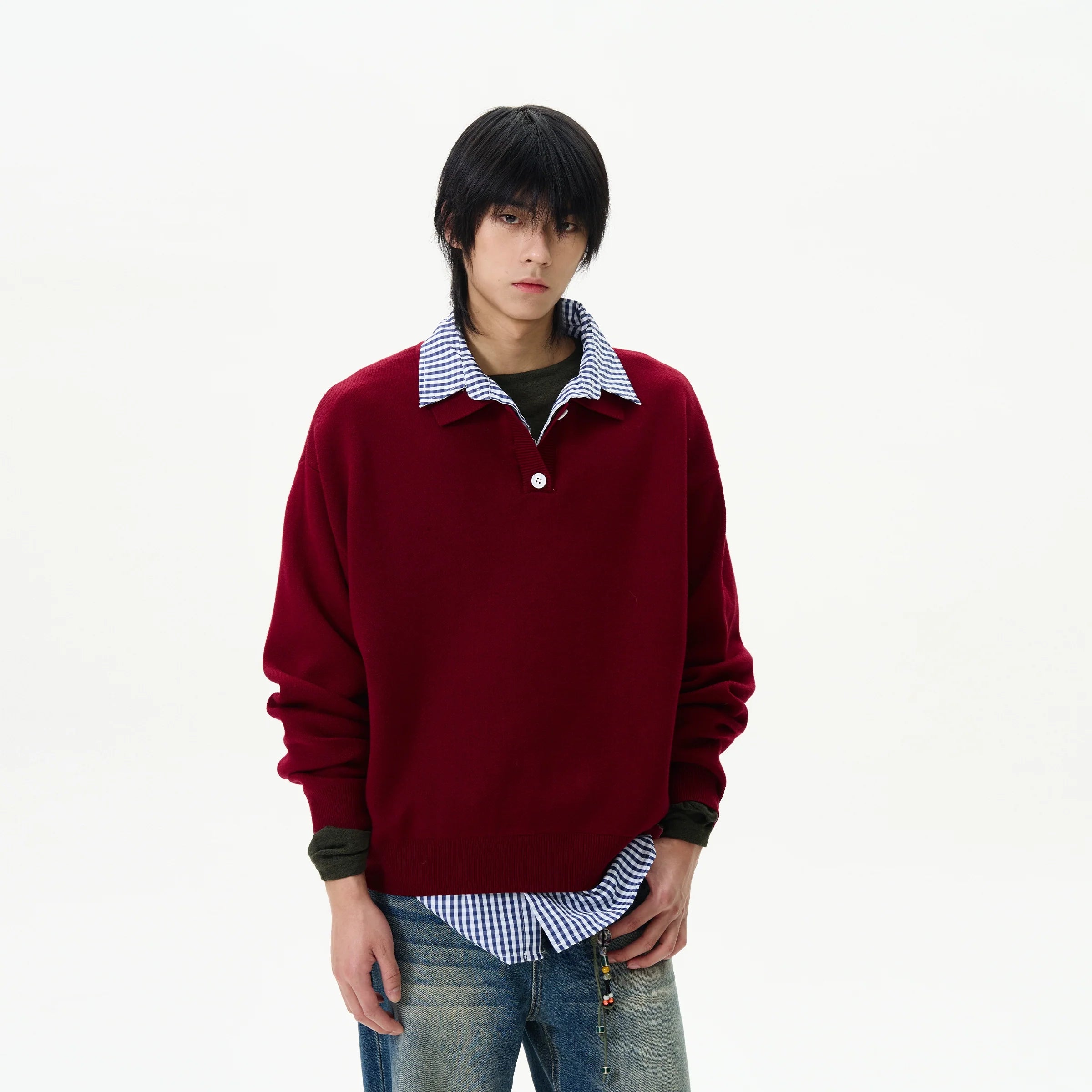 Knit Polo Sweater with Layered Shirt