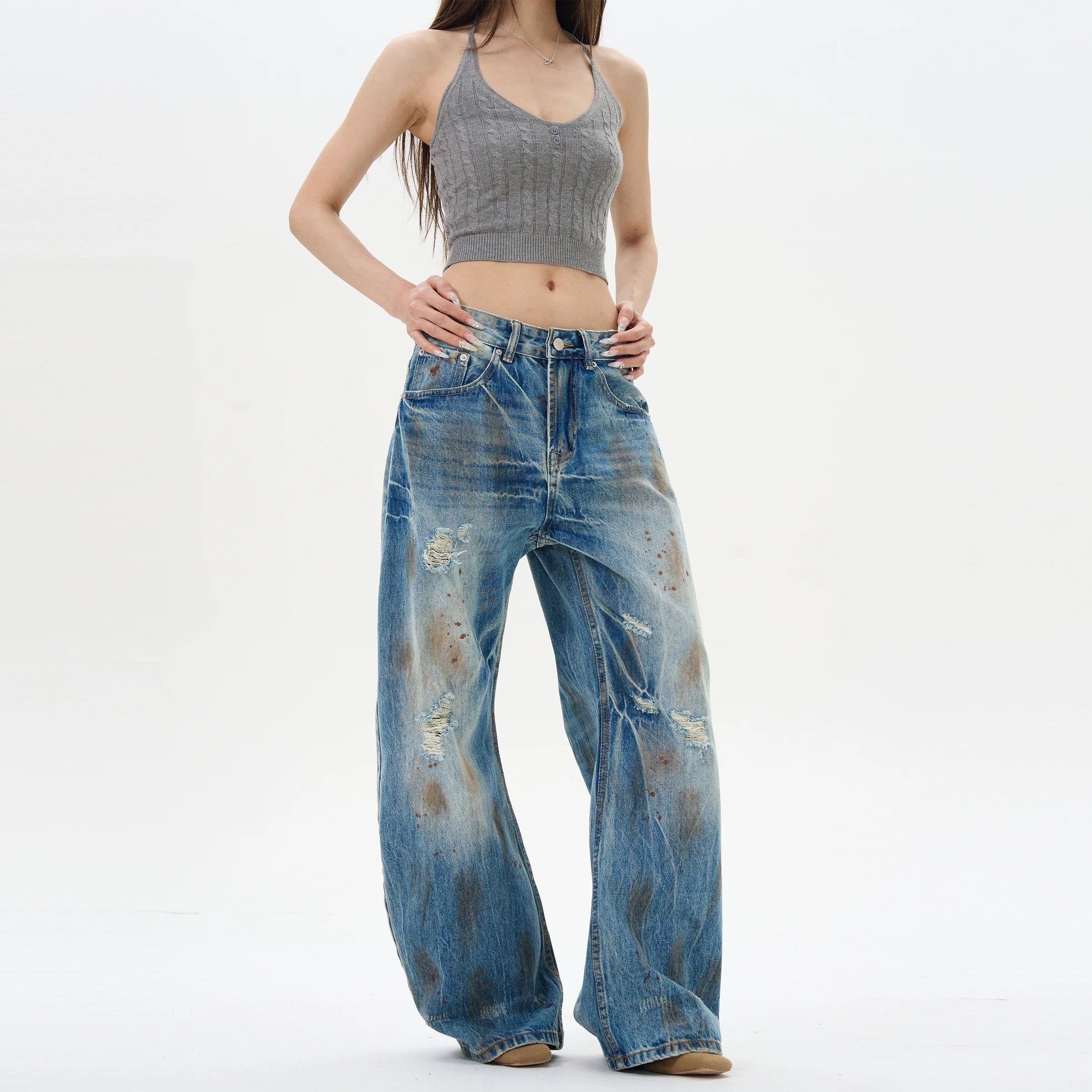 Distressed Wide Leg Denim Jeans