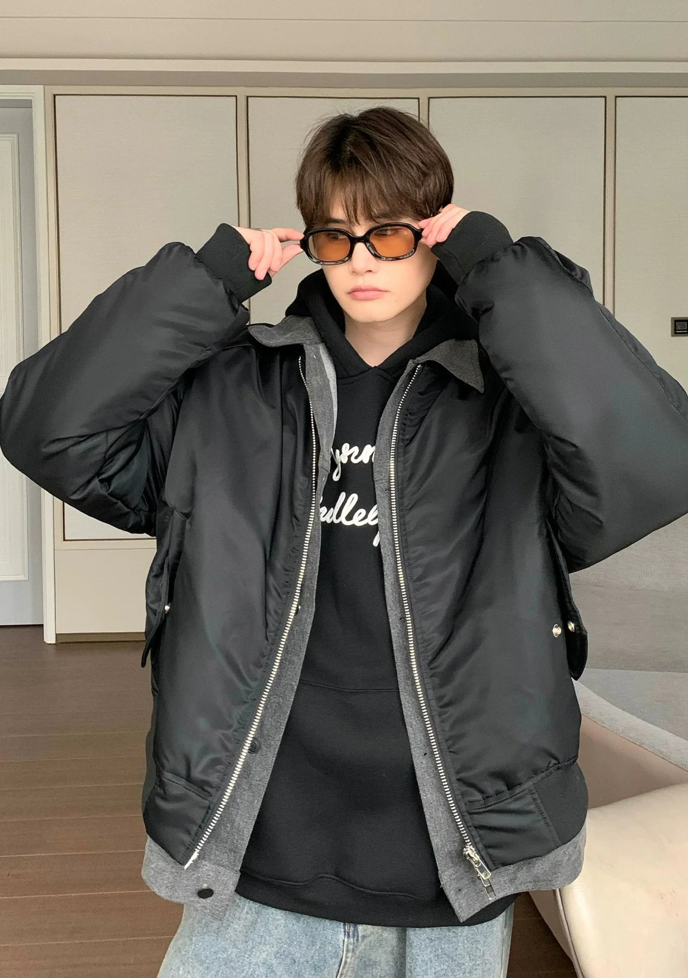 Bomber Jacket with Zipper Front and Ribbed Details