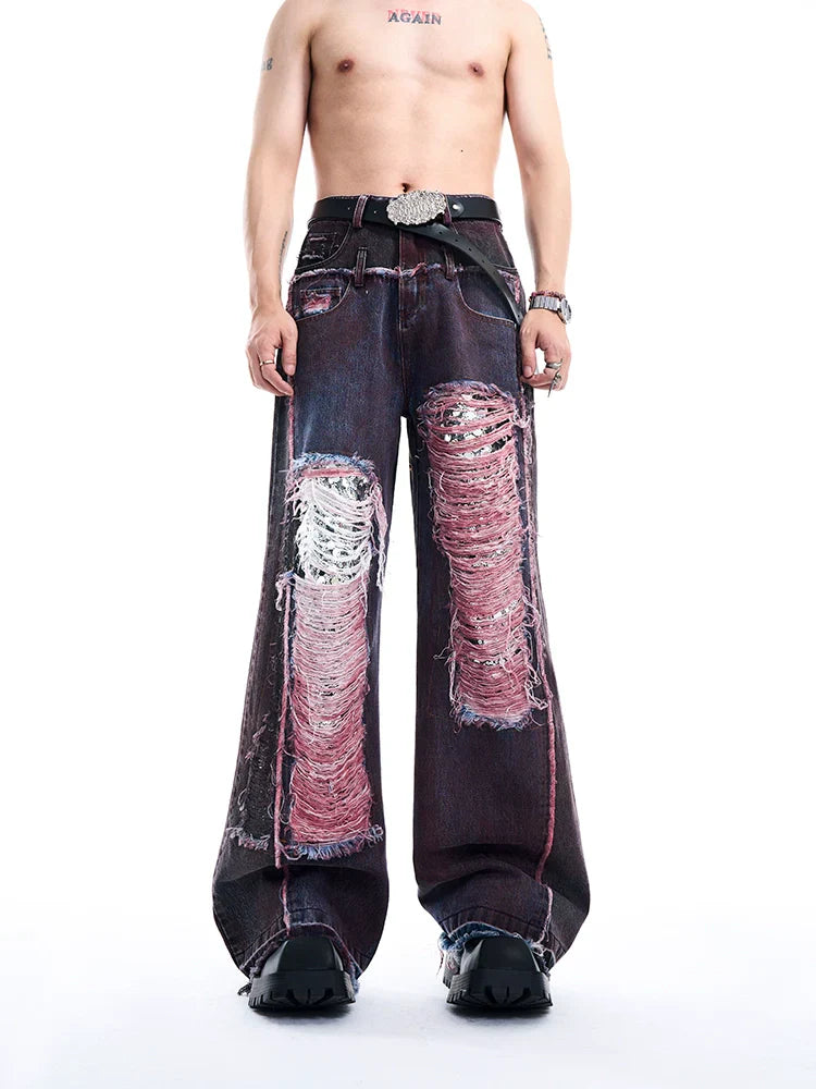 Distressed Padded Denim Jacket and Wide-Leg Pants Setup