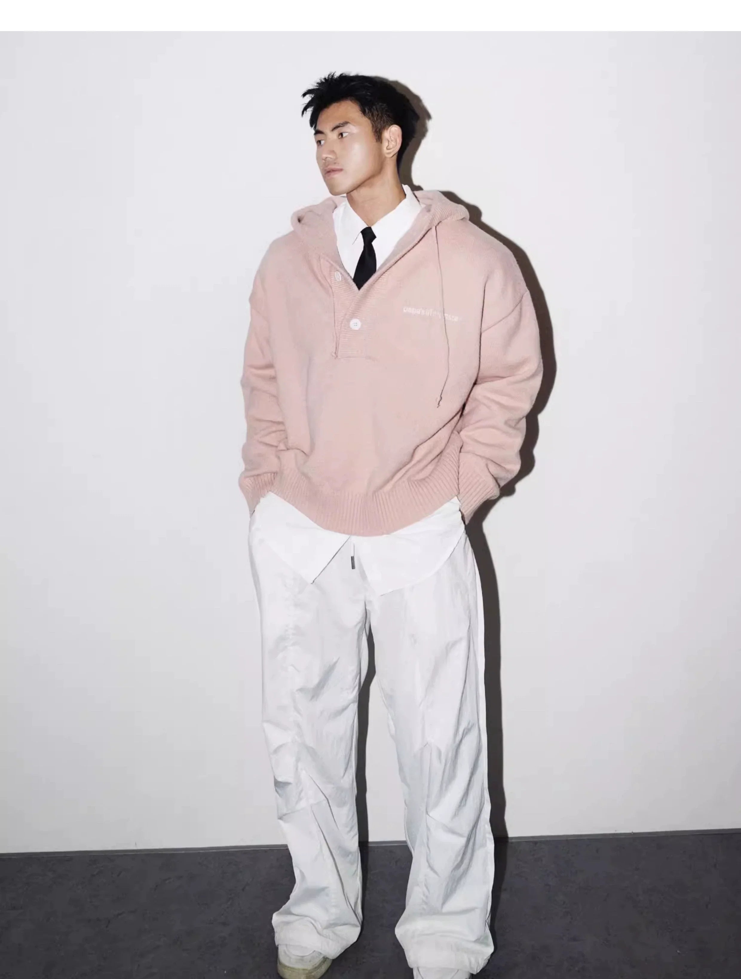 Blue Knit Hooded Henley Sweater