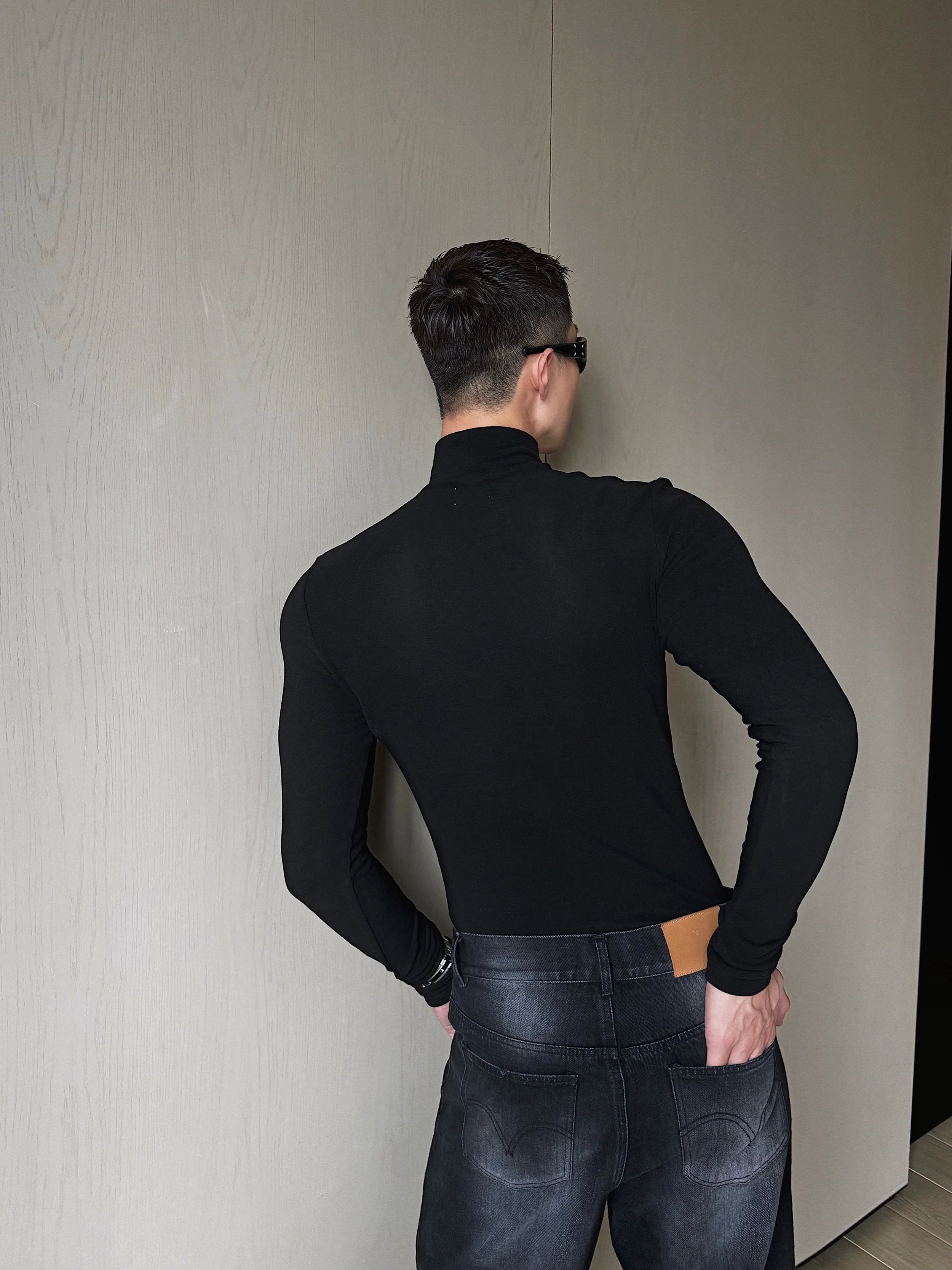 Black Mock Neck Long Sleeve Fitted Top