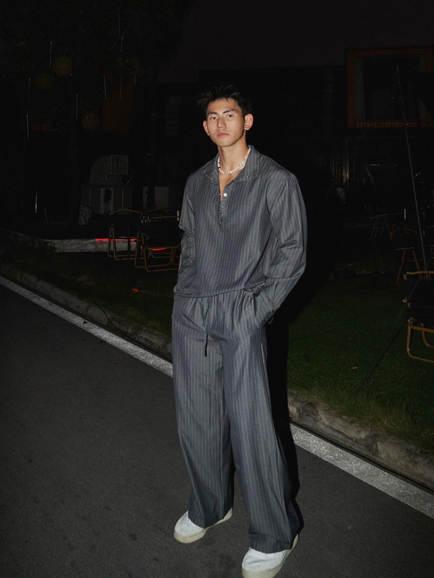 Striped Henley Leisure Shirt and Pants Setup