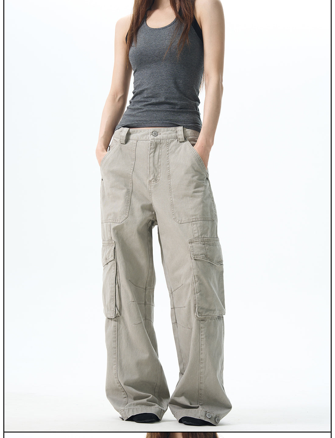 Wide Leg Cargo Pants in Beige & Black