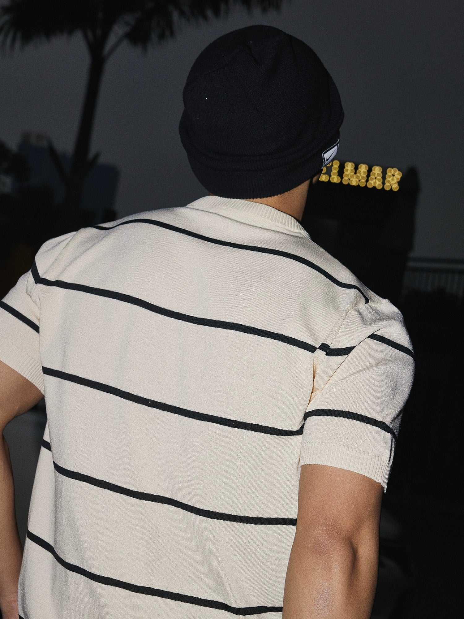 Split Crew Neck Striped Knit Polo Shirt