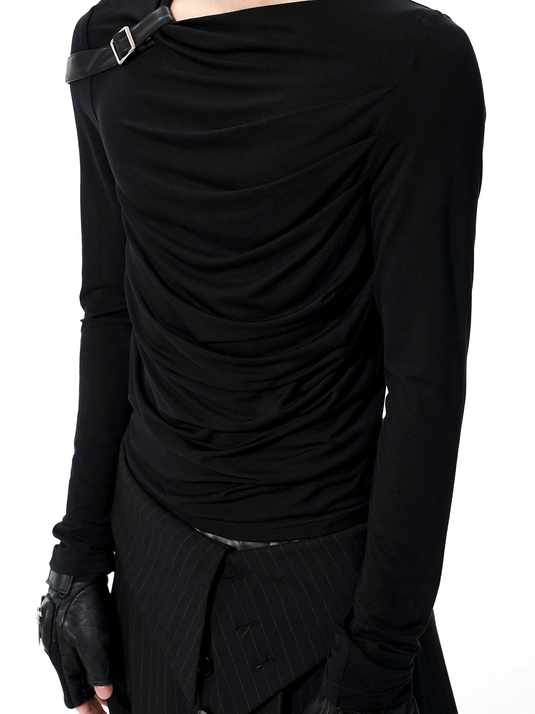 Asymmetrical Drape Black Top with Buckle Detail