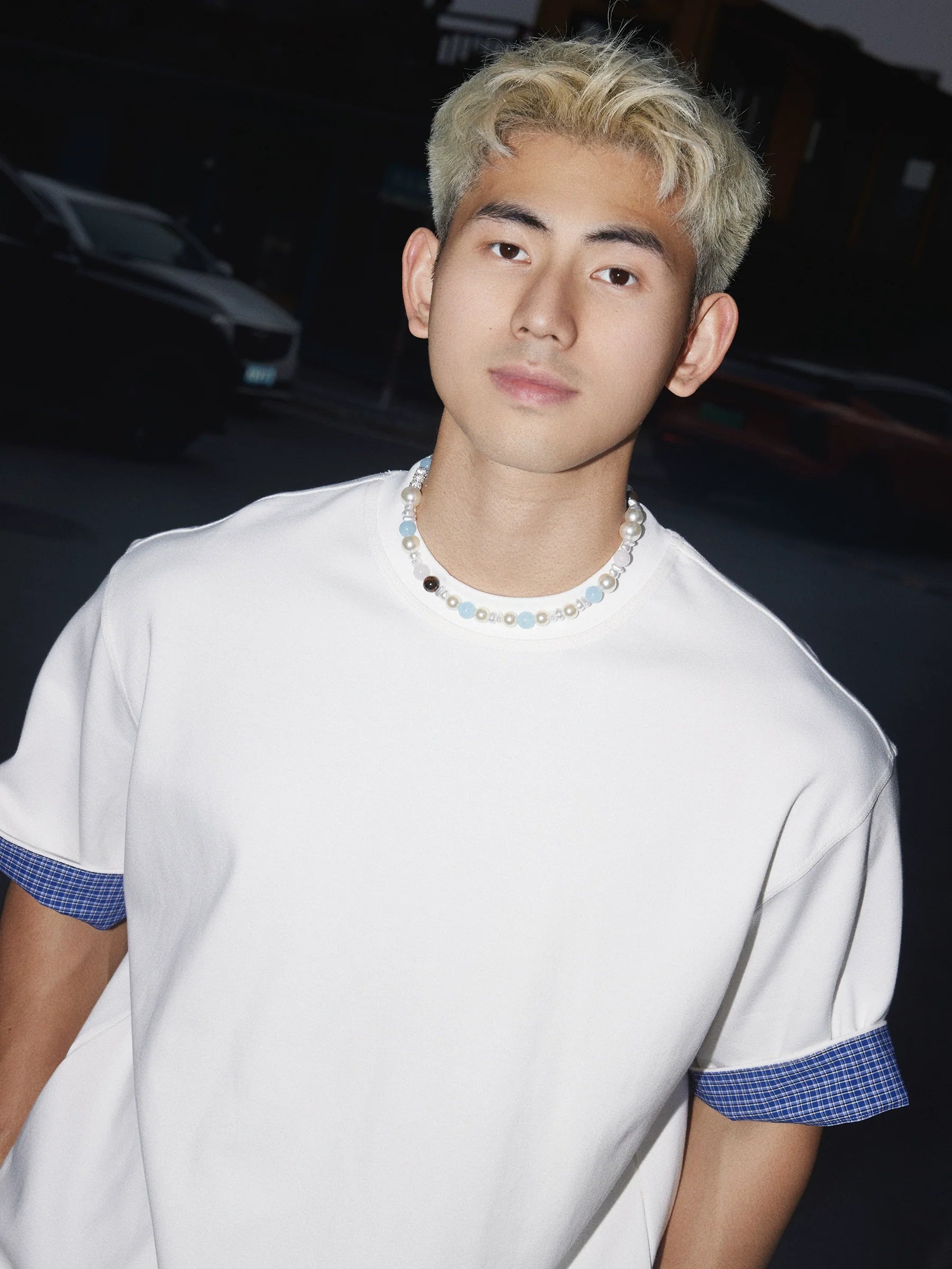 격자무늬 커프스 티셔츠