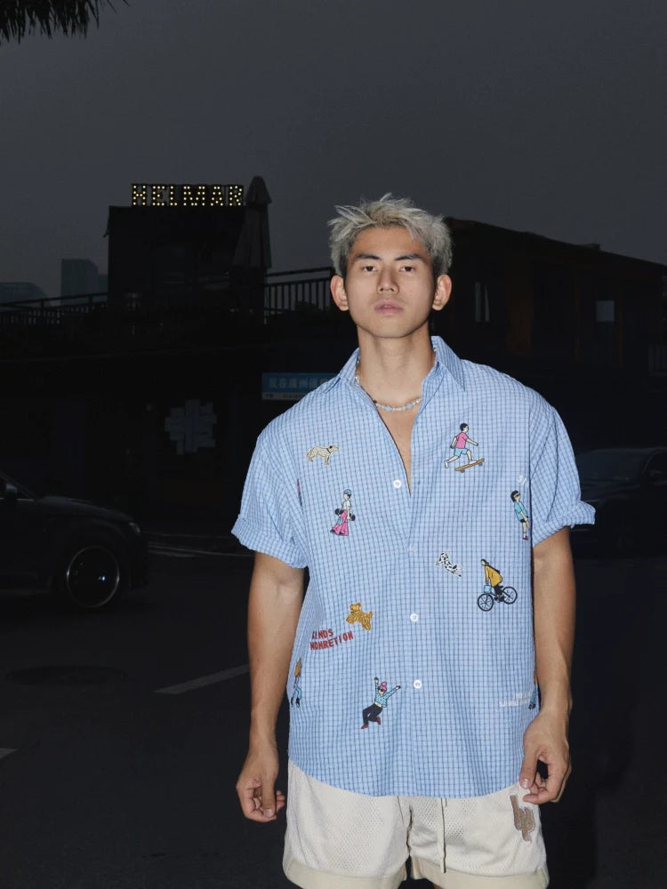 Cartoon Embroidered Check Shirt