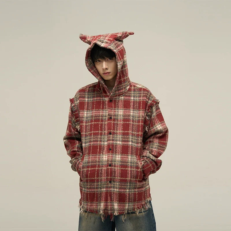 Plaid Flannel Hoodie with Cat Ears
