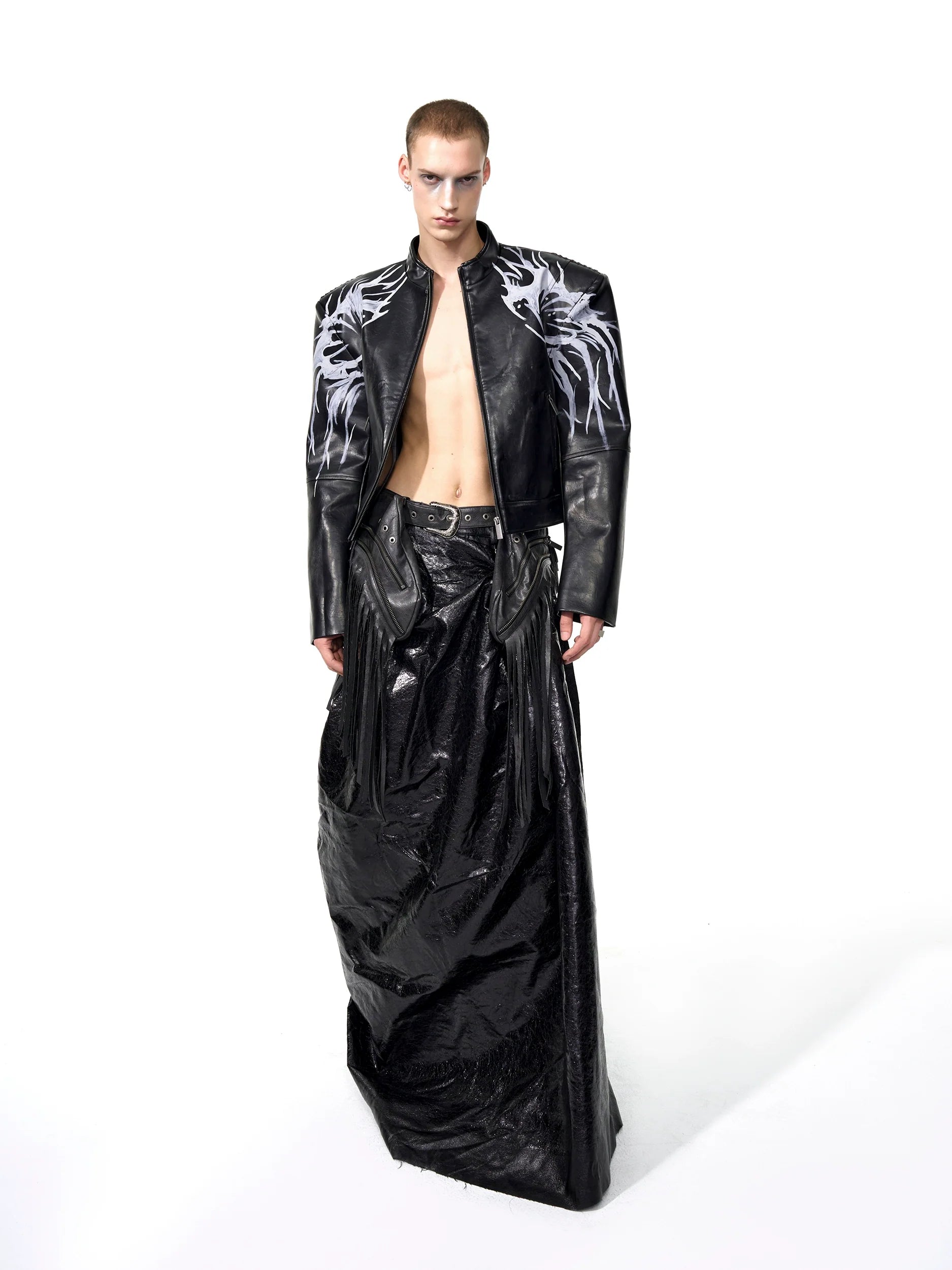 Black Leather Jacket with Silver Flame Graphic Detailing