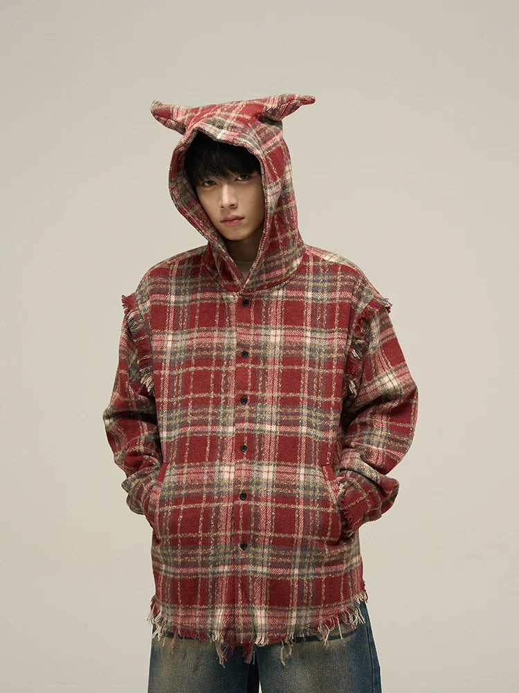 Plaid Flannel Hoodie with Cat Ears