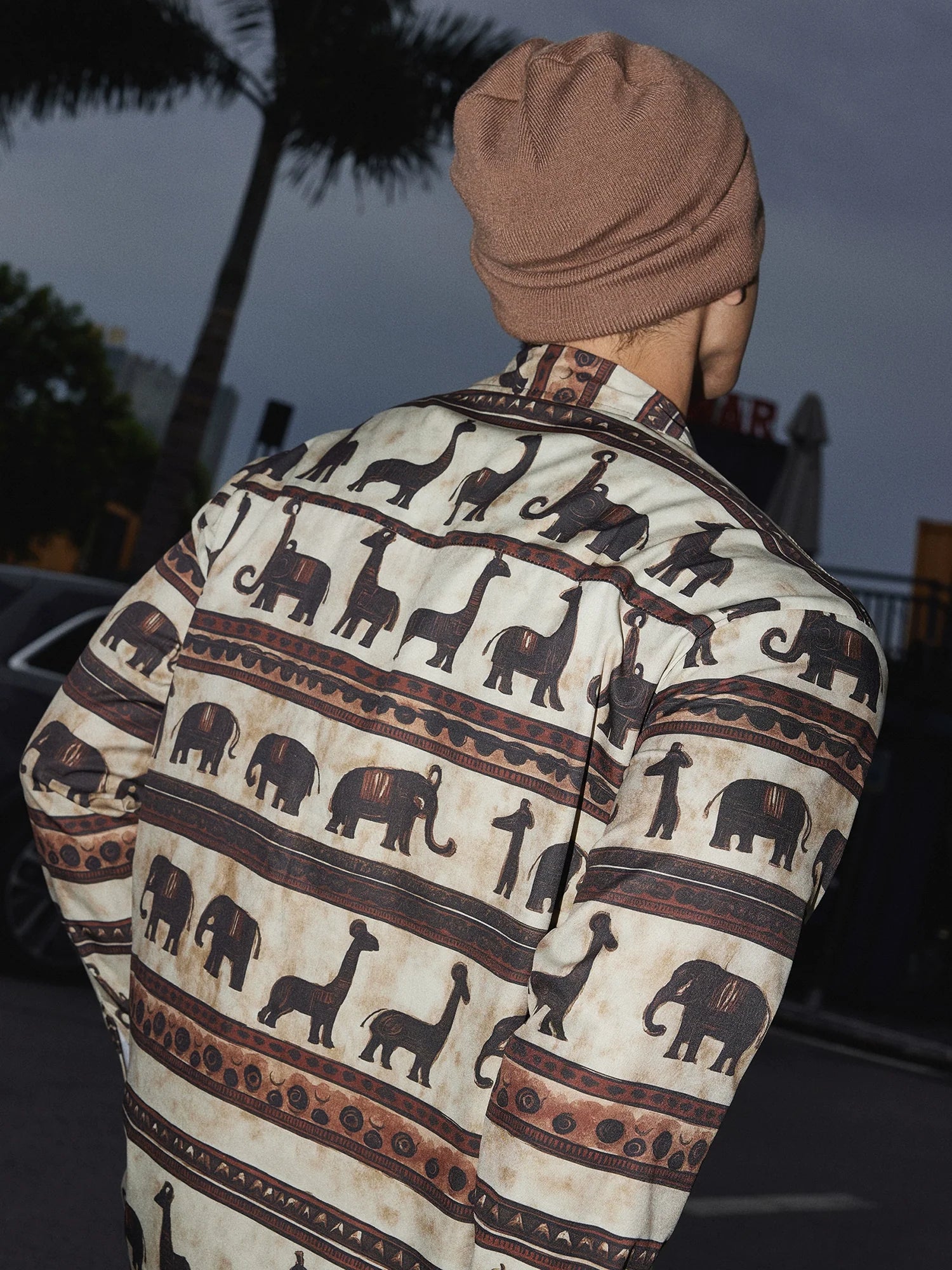 Brown Elephant Print Button-Up Shirt