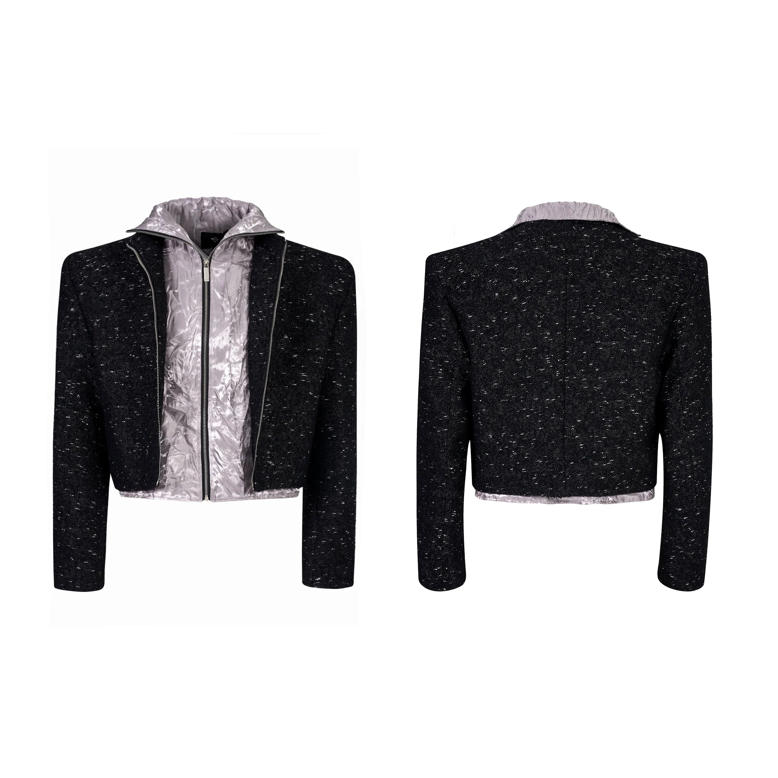 Textured Black Cropped Jacket with Satin High Collar