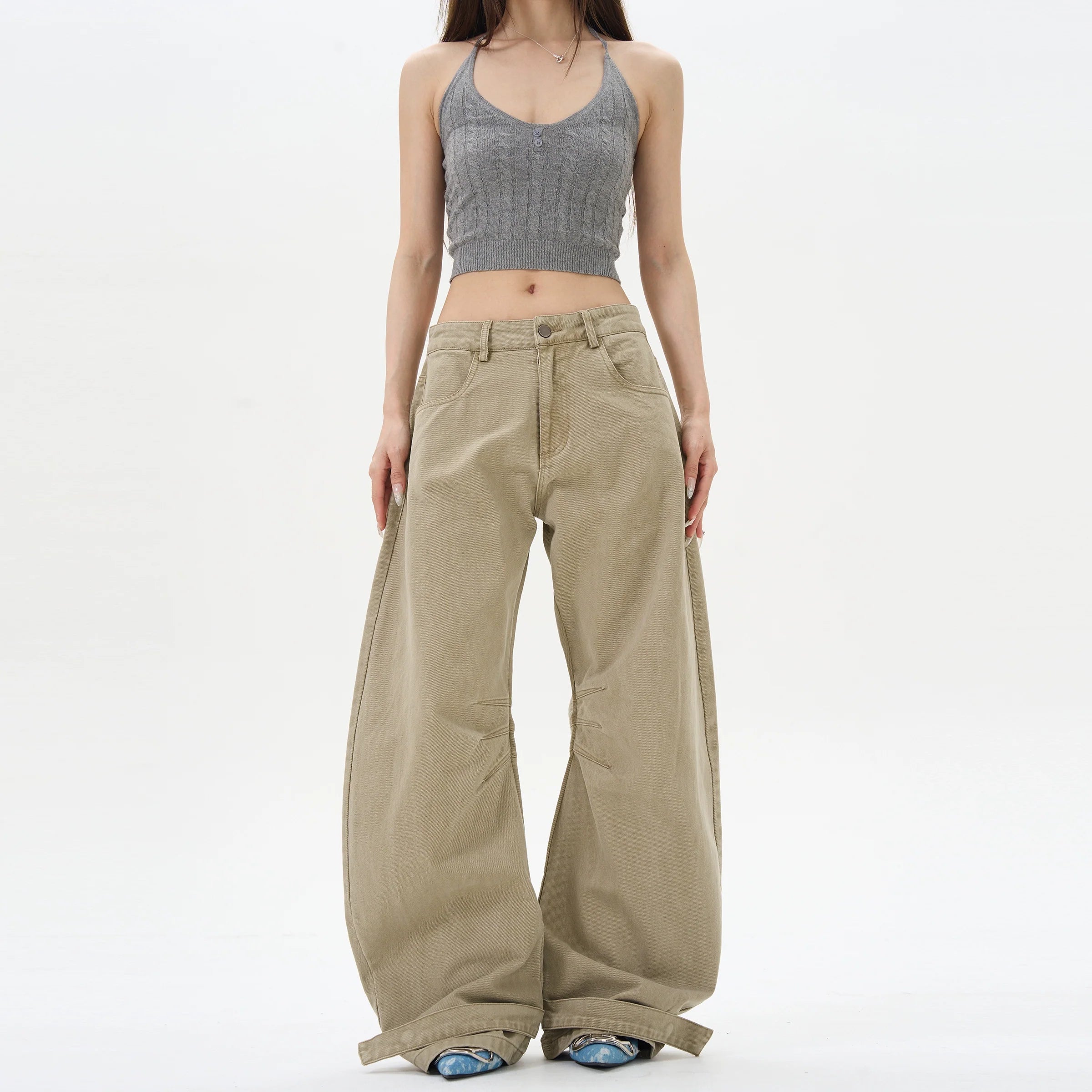 Khaki Loose Wide Leg Jeans